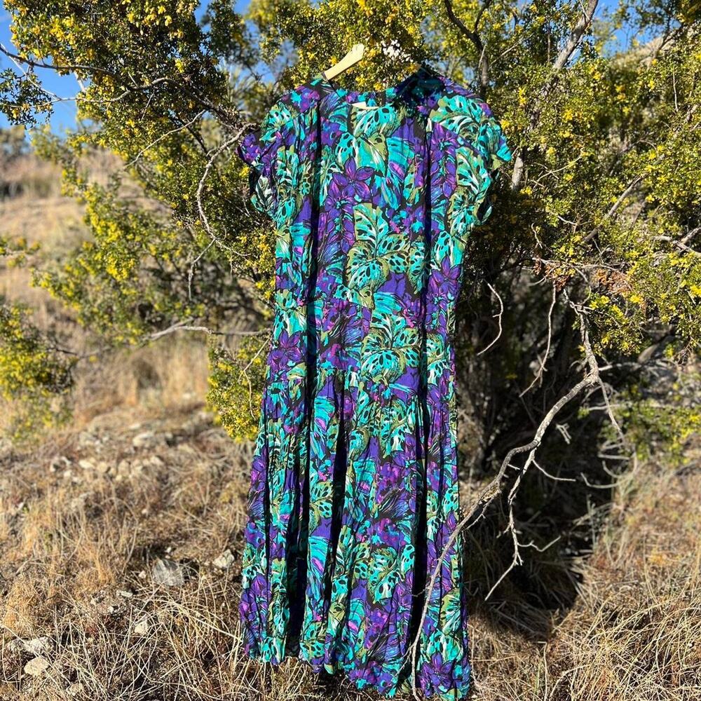 LUCI FELLINI Women's 16 Dress PURPLE GREEN HAWAIIAN FLORAL DRESS VTG 90S - Picture 2 of 4